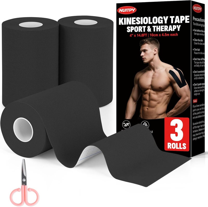NUITPY 3 Rolls Kinesiology Tape, 4 inch x 14.8 Feet Waterproof Athletic Tape, Uncut Kinetic Tape, Elastic Muscle Tape, Sports Tape, Knee Tape for Exercise and Daily Use - Black - Image 1